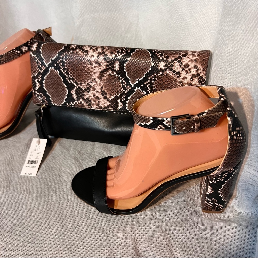NY&CO Snake print ankle strap sandal size 9 & foldover clutch handbag, NWT